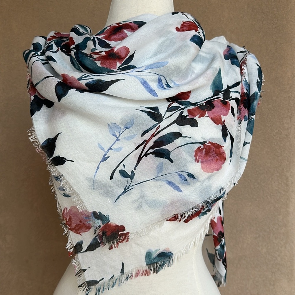 J. Jill 100% Modal Floral Scarf White Botanical Wrap Frayed Edge 41x42